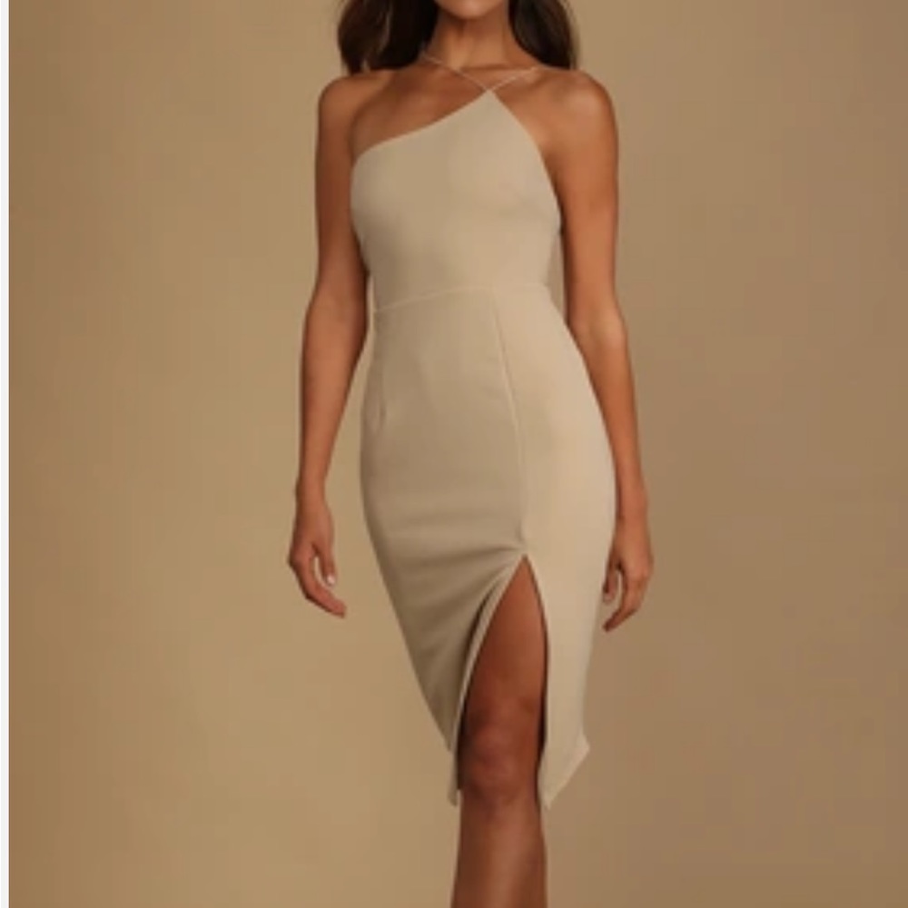 Happiest Hour Beige Asymmetrical Bodycon Midi Dress, size small, never worn